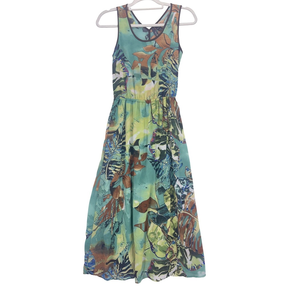 Fun & Flirt Green Tropical Leaf Print Sleeveless Maxi Dress S Elastic Waist